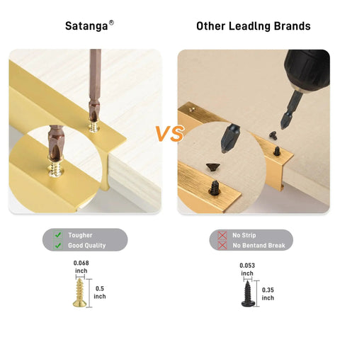 Comparison of Edge Finger Tab Cabinet Pulls Pack of 10 Aluminum Hidden Door Handles in modern matte brass showing screw installation differences.