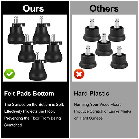 Comparison of replacement office chair wheels with felt pads versus wheels with hard plastic bottoms.