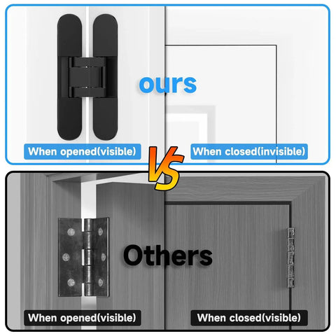 Comparison of Discreet 5 Point 5 Inch Hidden Door Hinges Set For 180 Degree Swing Concealed Hinges vs traditional hinges