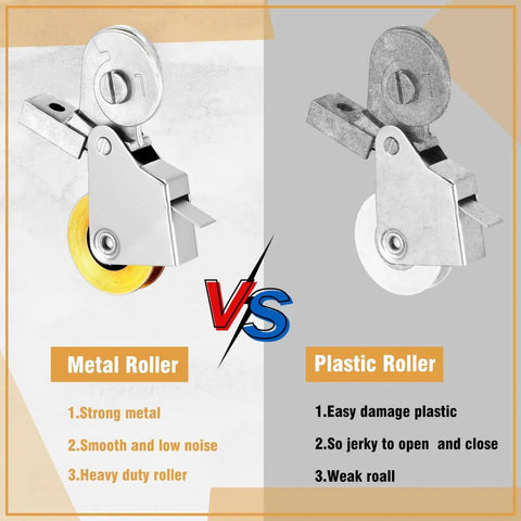 Comparison of metal and plastic rollers, highlighting durability and performance. Metal roller on left, plastic roller on right, both with key features listed.