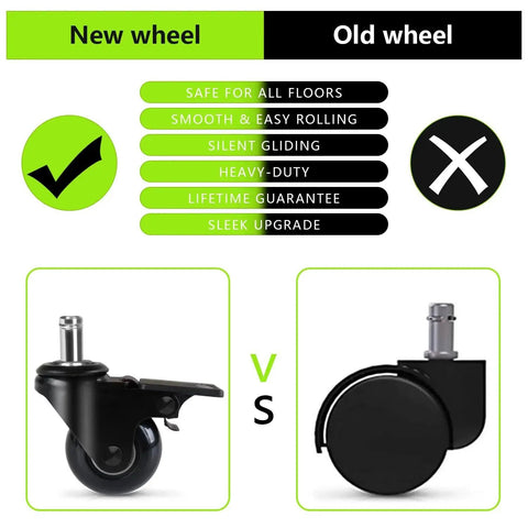 Comparison of new and old office chair caster wheels; 2 Inch Office Chair Caster Wheels With Brakes Heavy Duty Set Of 5 Replacement Universal Rolling Chair Wheels For Hardwood Floors And Carpet Rubber Desk And Gaming Chair Casters With Locks 11mm Stem Fits 98 Percent Of Chairs