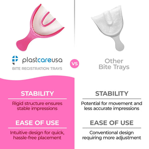 Comparison of Full Arch Pink Disposable Dental Bite Registration Trays vs other trays, highlighting stability and ease of use features.