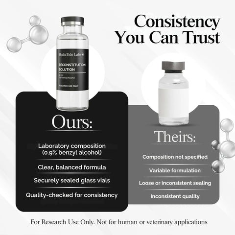 Comparison of Two Pack 30 mL Glass Reconstitution Vials With Deionized Water And 0.9 Percent Benzyl Alcohol for research use.