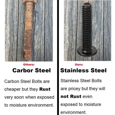 Comparison of rusty carbon steel bolt and stainless steel bolt, highlighting rust resistance.