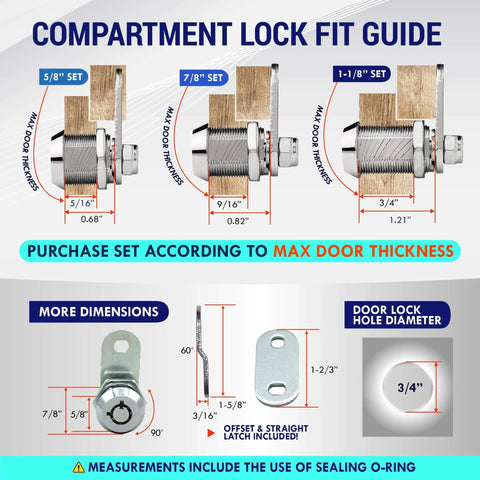 Diagram of 5/8 inch all-metal cam lock for RV storage, cabinets, drawers with measurements, fits 5/16 inch doors, includes keys.