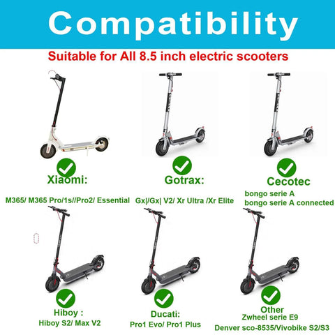 Compatibility chart for Solid Tires 8.5x2 Inches for Electric Scooter with various scooter brands including Xiaomi, Gotrax, and Cecotec.