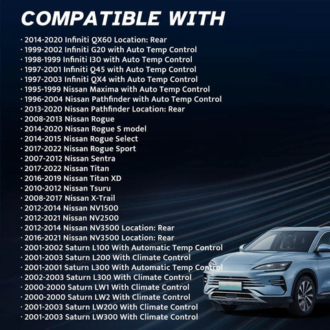 Compatible vehicles listing for HVAC Blower Motor Resistor Replacement for Nissan Rogue 2008-2013 and Infiniti models.