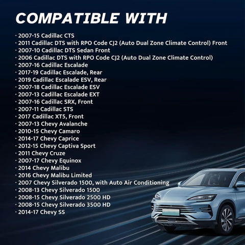 List of compatible vehicles for AC Heater Blower Motor Resistor That Fits Chevy Silverado Tahoe with car image