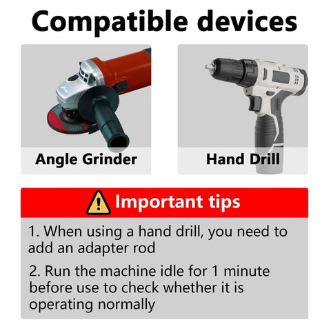 Compatible devices image showing an angle grinder and hand drill with use tips for the Beast Pro Grade Diamond Step Drill Bit Set.