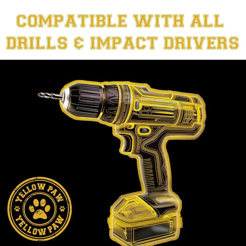 Yellow cordless drill graphic promoting compatibility with all drills and impact drivers, featuring Yellow Paw logo.