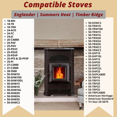 Black wood stove with glass door and flame, centered on a beige banner listing Englander-compatible stoves.