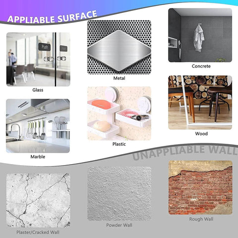 Image showing surfaces suitable and unsuitable for Heavy Duty Waterproof Double Sided Foam Mounting Tape, including glass, metal, and wood.