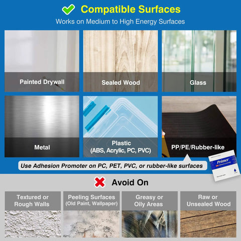 Image showing compatible surfaces for Removable Double Sided Mounting Tape 1 Inch By 16.5 Feet Heavy Duty PE Foam With Strong Adhesive For Posters And Picture Hanging Must Have For Wall Decor Wall Safe Damage Free On Painted Walls Glass Metal Wood Tile, including painted drywall, sealed wood, glass, metal, plastic, and rubber-like surfaces.