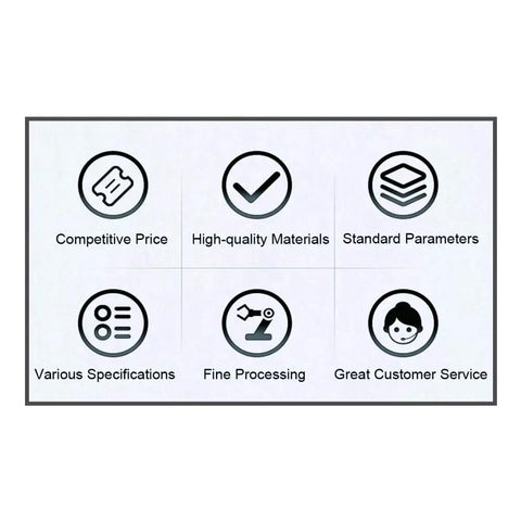 Icons representing competitive price, high-quality materials, standard parameters, various specifications, fine processing, and customer service.