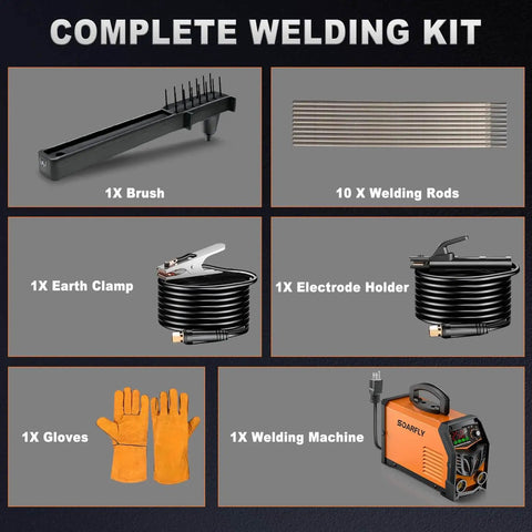 Complete welding kit with Dual Voltage 110V 220V 250Amp Arc Welder, gloves, brush, 10 rods, earth clamp, electrode holder, Soarfly.