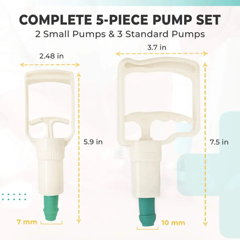 Five Pack Manual Suction Pump For Cupping Therapy Sets Pro Grade Small And Medium Pumps product dimensions illustration
