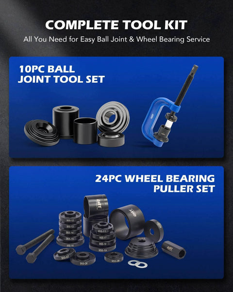 10pc Ball Joint Tool Set and 24pc Wheel Bearing Puller Set from 34pc Ball Joint & Wheel Bearing Press Kit for 2WD 4WD Car