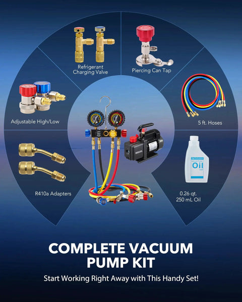Complete vacuum pump kit with 4 hoses, gauges, adapters, oil, and can tap for HVAC, supports R410A, R134A, R22, Wisscool brand.