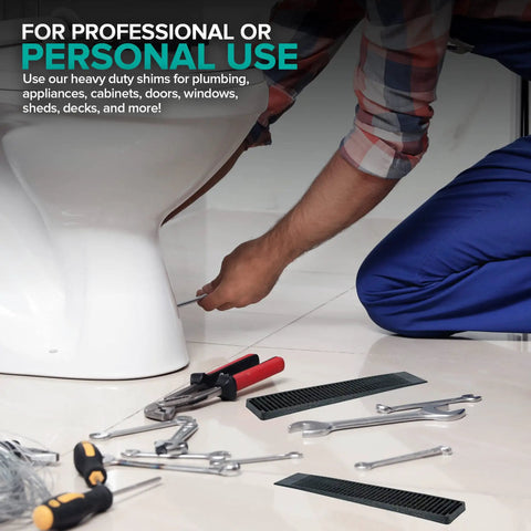 Person using Heavy Duty Composite Shims 12 Pack For Home Improvement And Leveling Never Rot Indoors Or Outdoors Stackable Table Wedges for toilet installation.