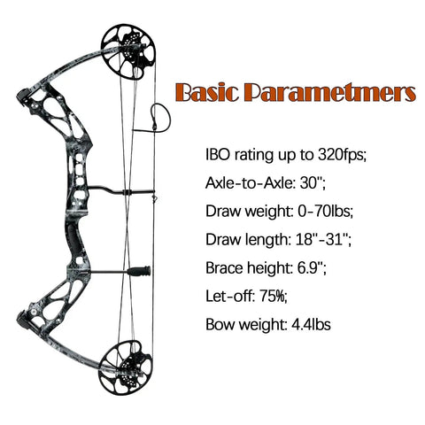 Adjustable 30 to 70 Pound Compound Bow And Arrow Set For Adults And Teens, Right Hand, Camouflage, specs listed beside bow.