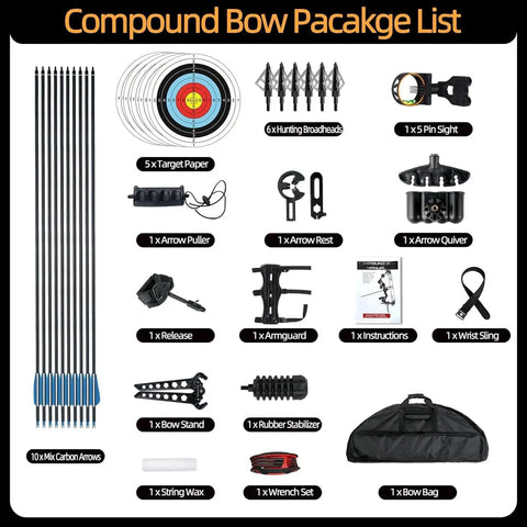 Compound bow package with arrows, target papers, hunting broadheads, quiver, and accessories for Adjustable 30 to 70 Pound Compound Bow And Arrow Set For Adults And Teens
