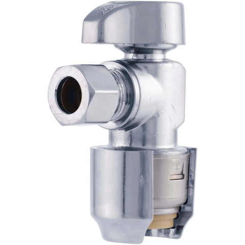 Side view of 1/2 x 3/8 Inch Compression Angle Stop Valve With Push To Connect Brass Fitting For PEX Copper CPVC PE-RT HDPE SDR-9 Pipes