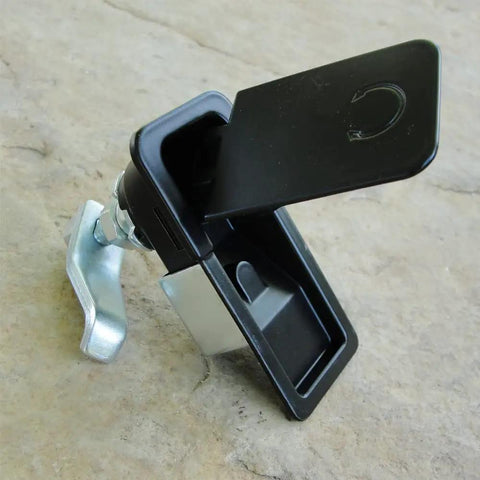 Two piece compression latch with flush sealed lever, lift and turn adjustable grip in black, crafted from steel and zinc alloy