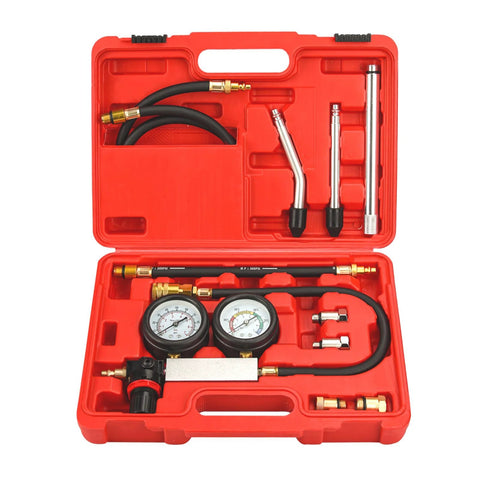 Handor compression leakdown detector kit with dual gauges, hoses and adapters in red carrying case