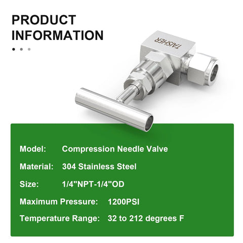 TAISHER compression needle valve, 304 stainless steel, 1/4 NPT female x 1/4 OD tube