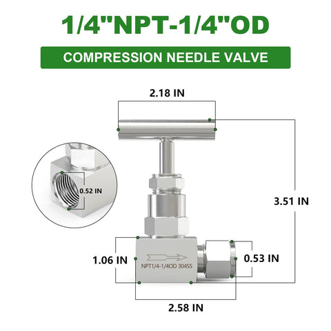 Needle valve, 304 stainless steel, straight, 1/4 in NPT female to 1/4 in tube OD, high-pressure, for water/oil/gas, Amazon.