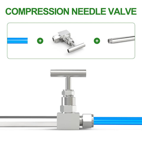 High Pressure 304 Stainless Steel Needle Valve One Quarter Inch NPT Female To One Quarter Inch Tube OD For Flow Control In Water Gas Oil Applications showing compression valve with tube connections.