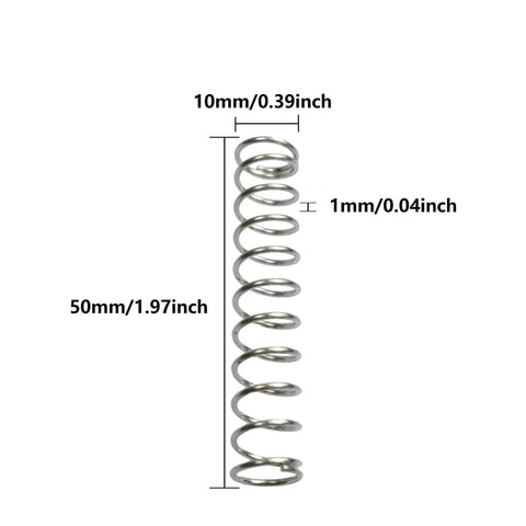 10 Pack Compression Springs, 304 Stainless Steel, High Elasticity And Stability, Durable DIY Springs For Crafts, Home Appliances And Mechanical Projects, 10mm Outer Diameter, 1mm Wire Diameter, 50mm Length shown with measurements.