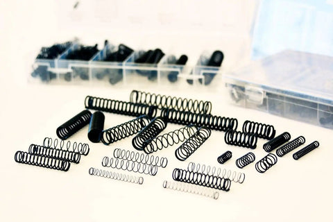 114 Piece Black Oxide Finish Compression Spring Assortment With 29 Sizes In A PP Storage Case Including Chart On Lid