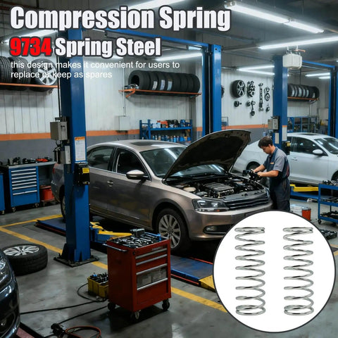 Mechanic working on car with Two Pack Nickel Plated Compression Springs Made From Spring Steel 0.105 Gauge Wire Seven Eighths Inch Diameter 3 Inch Long Heavy Duty Fatigue Resistant Precision Finish For Mechanical Automotive And DIY Projects in garage setting.