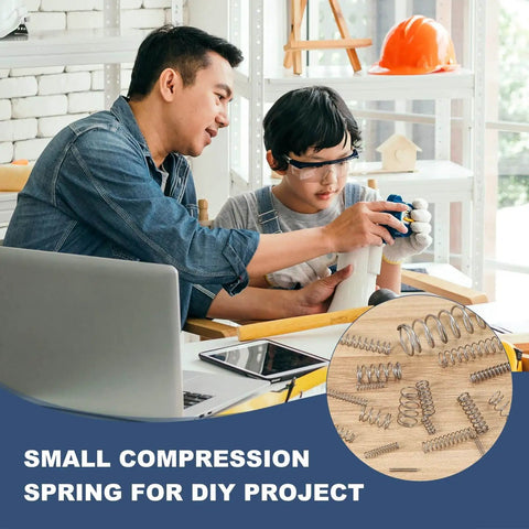 Father and son working on DIY project with 2 Mm Outer Diameter 0.3 Mm Wire 10 Mm Free Length Stainless Steel Compression Spring Pack Of 10