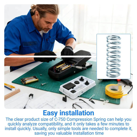 Man installing a battery with tools and a Three Quarter Inch Outer Diameter Compression Spring, Two Inch Length, 0.08 Inch Wire displayed.