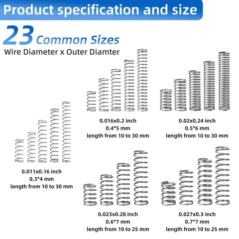 Steel springs in various sizes showing wire and outer diameter measurements