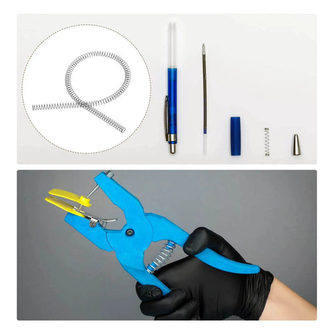 Top: disassembled pen with 304 Stainless Steel Compression Spring With 0.7mm Wire And 5mm Outer Diameter, 12 Inch Free Length; Bottom: blue tool showing spring use.