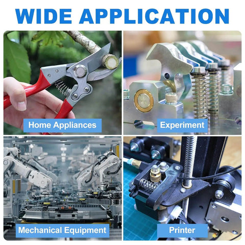 Collage showing wide application of 30 Pack Compression Springs 13Mm OD, 1.2Mm Wire Size in home appliances, experiments, mechanical equipment, printers.