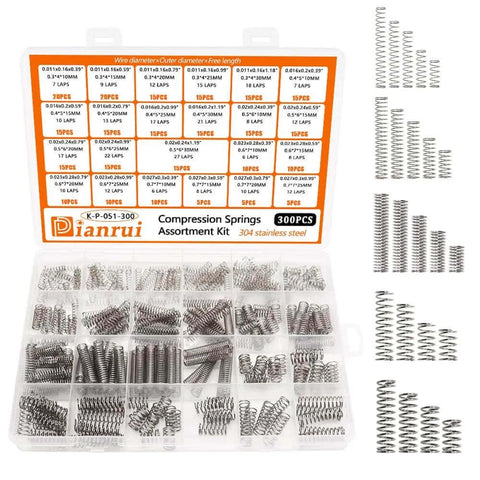 Assortment kit of 300 PCS stainless steel compression springs with labeled compartments and various spring sizes displayed next to box.