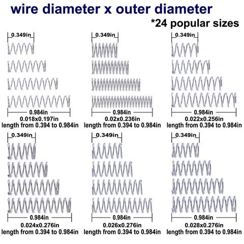 Compression Springs Set 24 Sizes 398 Pieces Of 304 Stainless Steel Coil Springs For DIY Repairs And Projects Rust Resistant High Tensile Strength Ideal For Handyman Electronics And Crafting, six different spring sizes shown in grid layout with measurements.