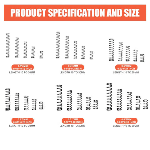 304 Stainless Steel Compression Springs Assortment Kit With 470 Pieces, 30 Sizes variety specifications and sizes chart