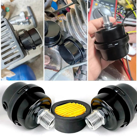 Two Pack Half Inch Thread Air Compressor Silencer Filter With 20mm Metal Noise Muffler Intake Filter Replacement For Generators Blowers Boilers Exhaust Ports And Other Air Compressor Parts shown installed and displayed