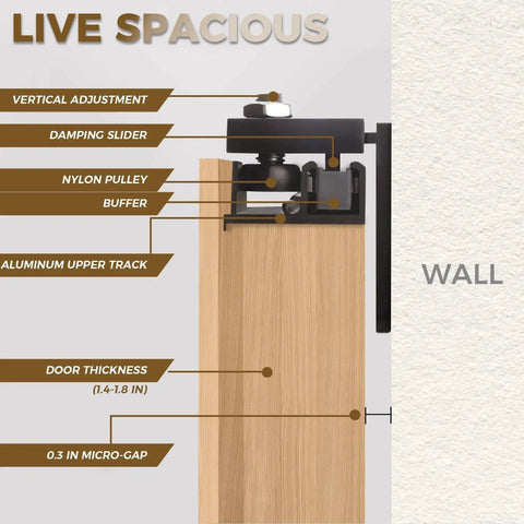 Diagram of Concealed Trackless Barn Door Hardware Kit 47 Inch Hidden Sliding System showing components and features on a wooden door.