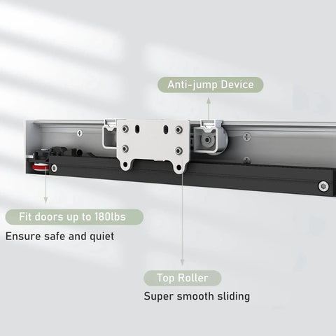 Close-up of concealed barn door hardware kit with soft close mechanism and invisible wall mount aluminum track for smooth operation.