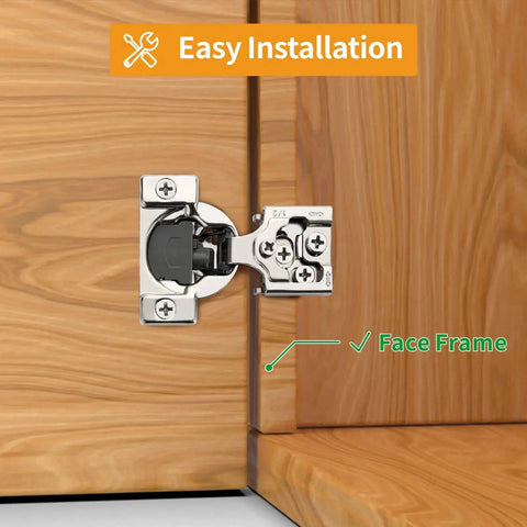 50 Pack Half Inch Overlay Concealed Cabinet Hinges With 3D Soft Close, 105 Degree Open Angle, Satin Nickel face frame installation