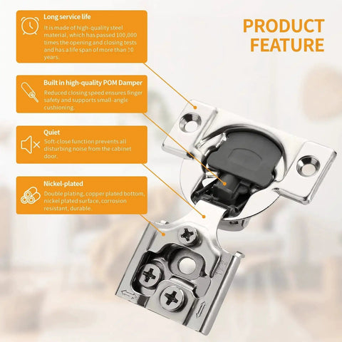 Close-up of satin nickel 50 Pack Half Inch Overlay Concealed Cabinet Hinges With 3D Soft Close, highlighting product features.