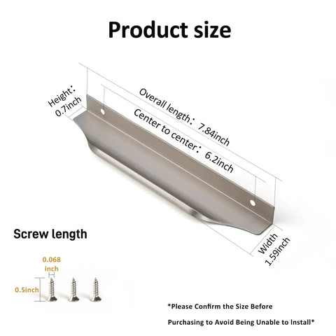 Concealed Finger Tab Cabinet Pulls Brushed Nickel 7.87 Inch Overall Length 200mm dimensions guide with screws shown