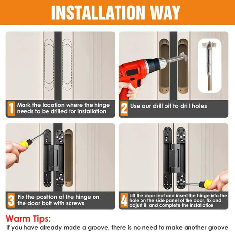 4-step installation guide for Concealed Hidden Door Hinge Set for Invisible Doors and Feature Walls, black finish, easy mount, Lipshome.