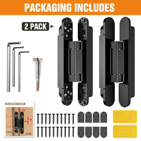 Concealed Hidden Door Hinge Set for Invisible Doors and Feature Walls, Size 9.7 x 3.3 x 1 Inch, Pack of 2, black finish, includes screws
